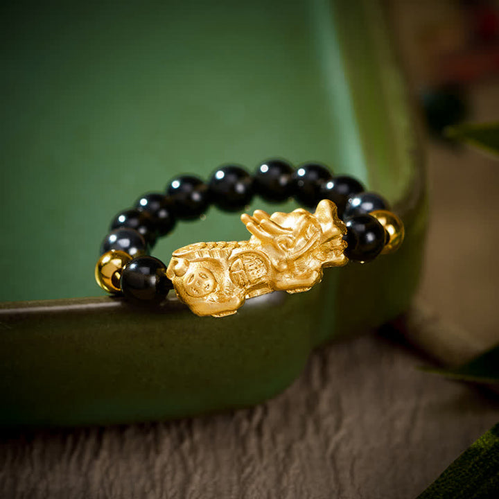 Buddha Stones Black Obsidian Pyrite Hematite Copper Pi Xiu Mini Stretch Beaded Ring for Wealth and Energy - image 16