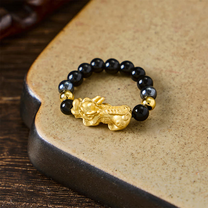 Buddha Stones Black Obsidian Pyrite Hematite Copper Pi Xiu Mini Stretch Beaded Ring for Wealth and Energy - image 17