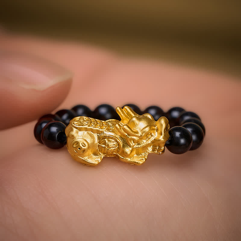 Buddha Stones Black Obsidian Copper Pi Xiu Mini Stretch Beaded Ring for Strength and Energy - image 9