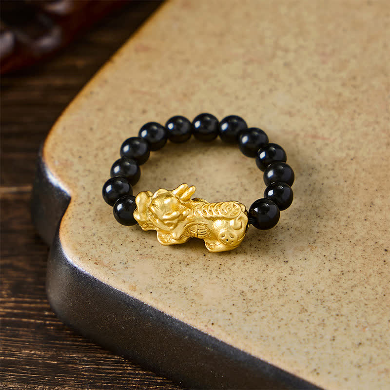Buddha Stones Black Obsidian Copper Pi Xiu Mini Stretch Beaded Ring for Strength and Energy - image 11