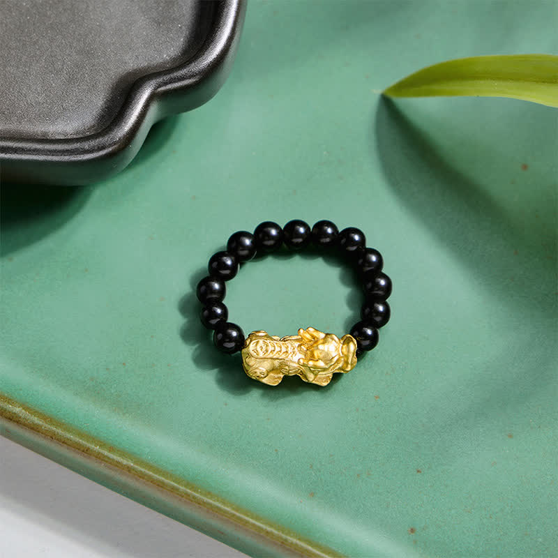 Buddha Stones Black Obsidian Copper Pi Xiu Mini Stretch Beaded Ring for Strength and Energy - image 10