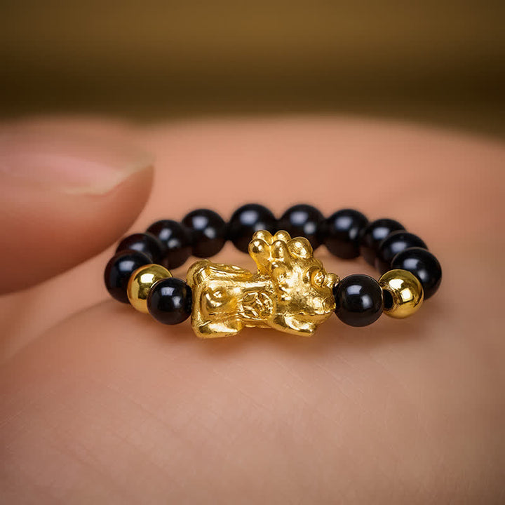 Buddha Stones Black Obsidian Copper Pi Xiu Mini Stretch Beaded Ring for Healing and Energy - image 9