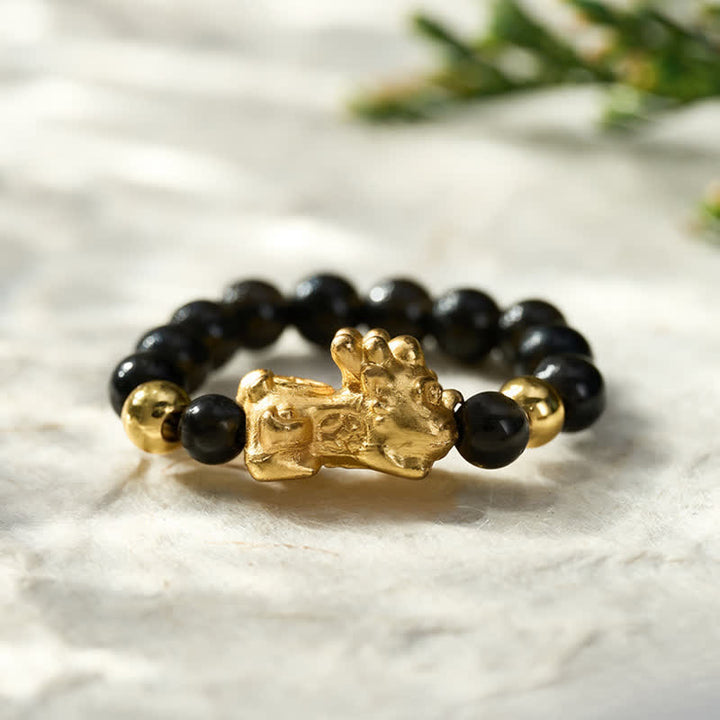 Buddha Stones Black Obsidian Copper Pi Xiu Mini Stretch Beaded Ring for Healing and Energy - image 1