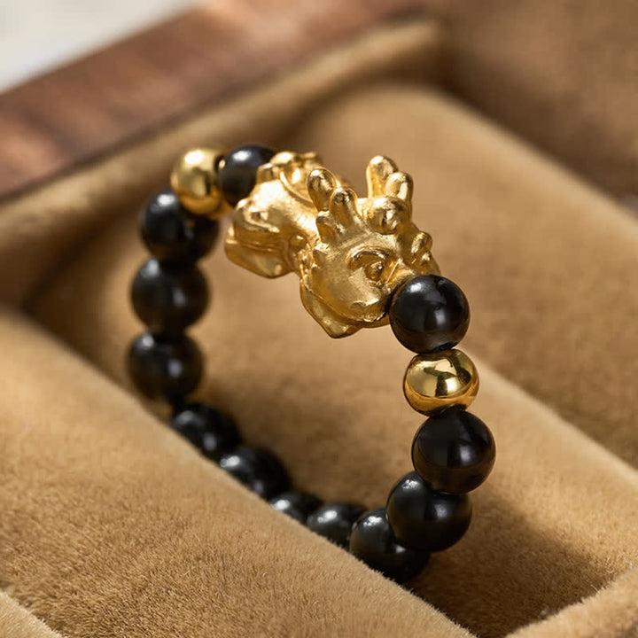 Buddha Stones Black Obsidian Copper Pi Xiu Mini Stretch Beaded Ring for Healing and Energy - image 11