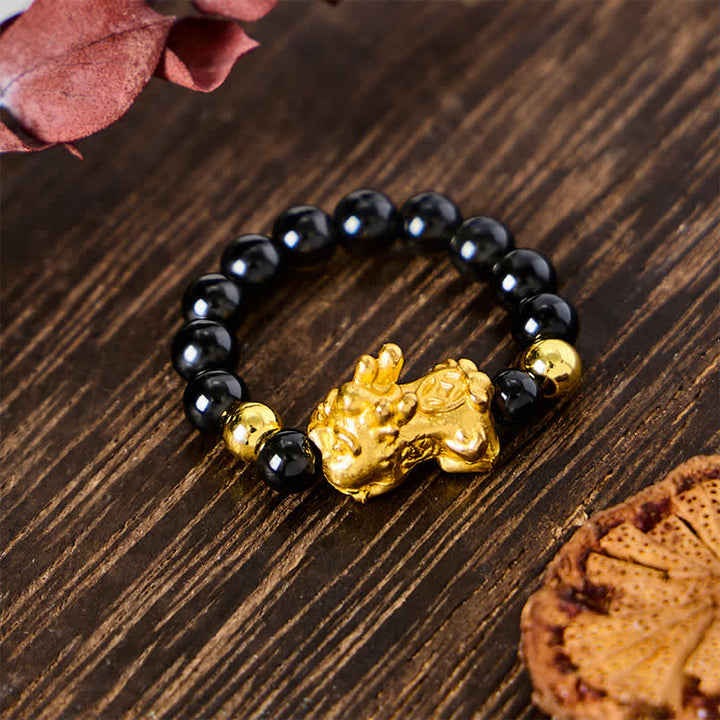 Buddha Stones Black Obsidian Copper Pi Xiu Mini Stretch Beaded Ring for Healing and Energy - image 2