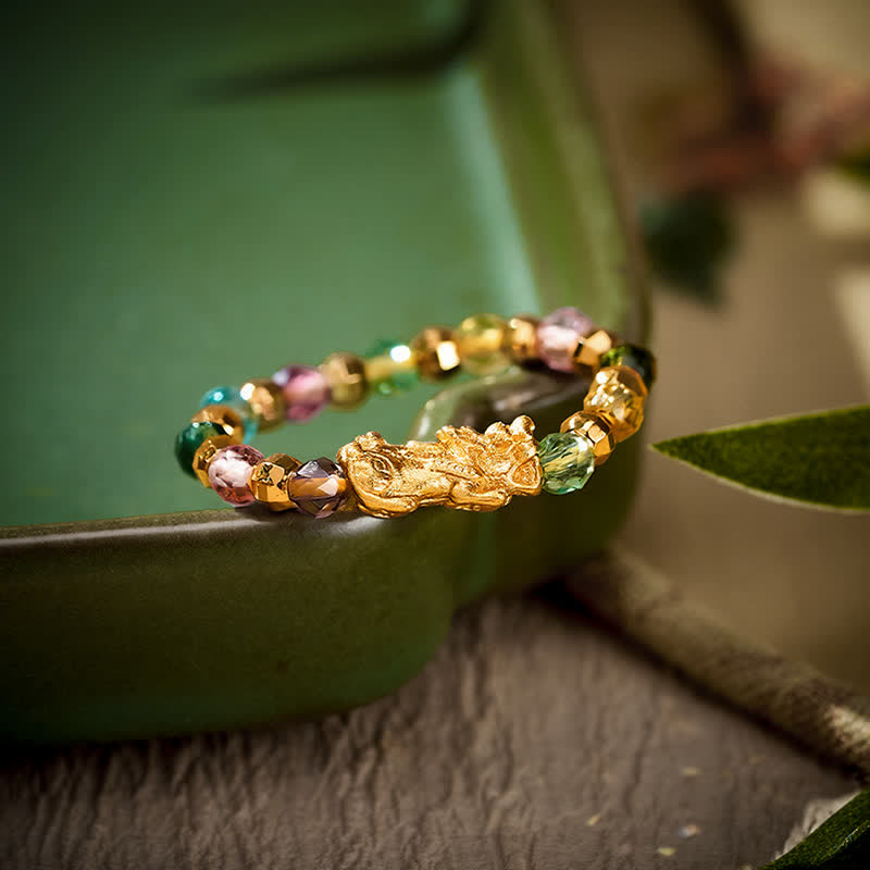 Buddha Stones Multicolor Faceted Copper Pi Xiu Mini Stretch Beaded Ring for Wealth and Energy - image 1