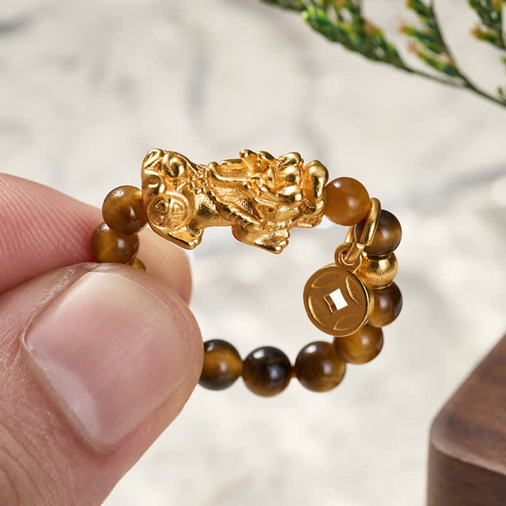Buddha Stones Tiger Eye Pi Xiu Wealth Chinese Coin Mini Stretch Beaded Ring - image 4