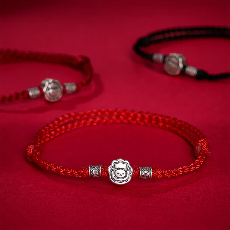 Buddha Stones Year of the Goat 999 Sterling Silver Cute Sheep Red String Luck Protection Bracelet - image 0