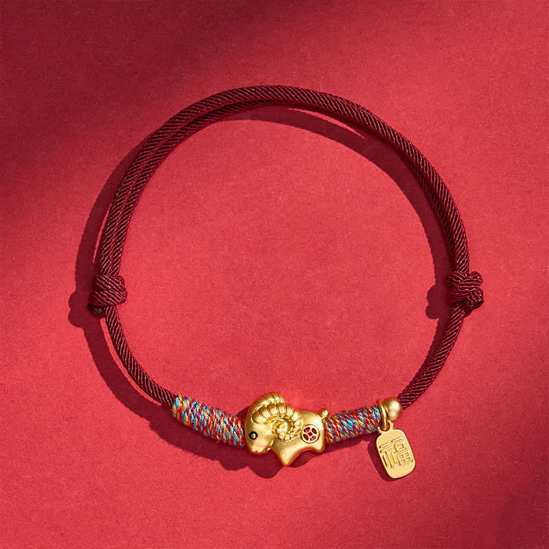 Buddha Stones Year of the Goat Copper Cute Sheep Lamb Fu Character Coins Red String Luck Bracelet - One Copper Coin - Dark Red - image 11