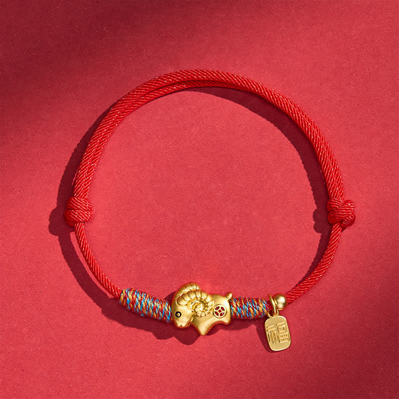 Buddha Stones Year of the Goat Copper Cute Sheep Lamb Fu Character Coins Red String Luck Bracelet - image 1