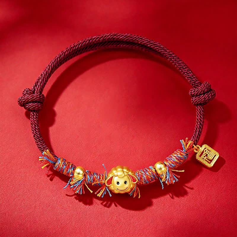 Buddha Stones Hand-Woven Red String Fu Character Goat Charm Blessing Bracelet - Dark Red - image 0