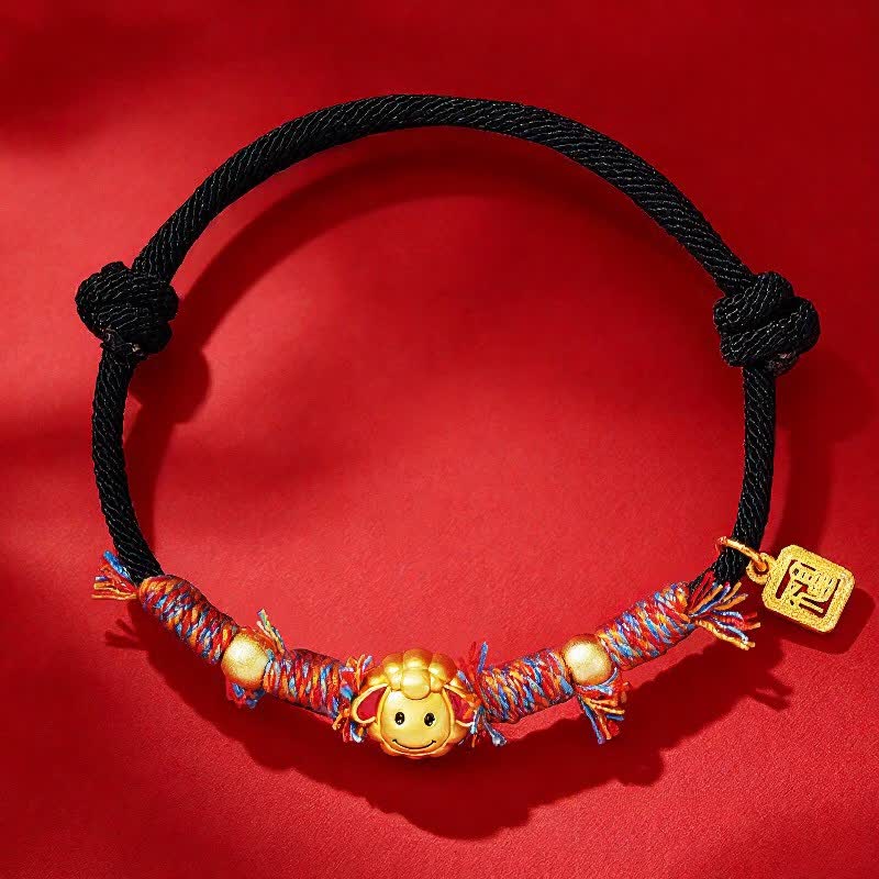 Buddha Stones Hand-Woven Red String Fu Character Goat Charm Blessing Bracelet - Black - image 1