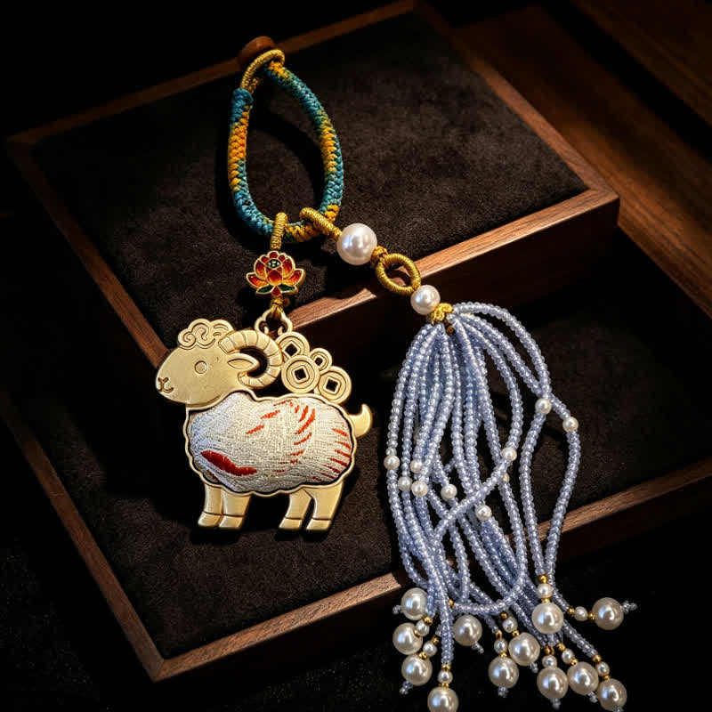 Buddha Stones Song Brocade Lotus Goat Pearl Tassel  Purity Keychains - White - image 4