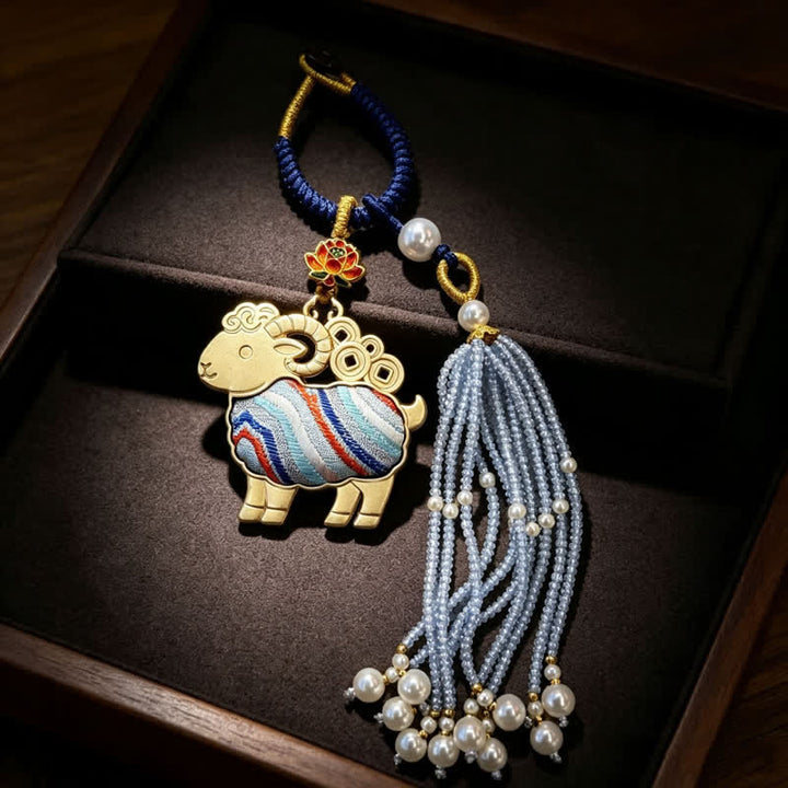 Buddha Stones Song Brocade Lotus Goat Pearl Tassel  Purity Keychains - Sky Blue - image 9