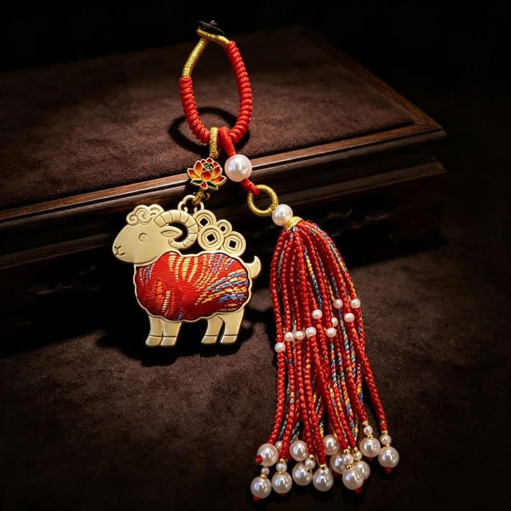 Buddha Stones Song Brocade Lotus Goat Pearl Tassel  Purity Keychains - Red - image 0