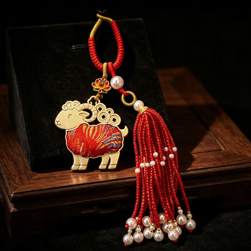 Buddha Stones Song Brocade Lotus Goat Pearl Tassel  Purity Keychains - image 1
