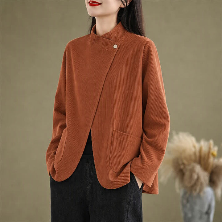 Buddha Stones Fall Winter Casual Mandarin Collar Asymmetric Front Solid Corduroy Women's Long Sleeve Shirts With Pockets - Sienna - US12, UK/AU16, EU44 (3XL) - image 0