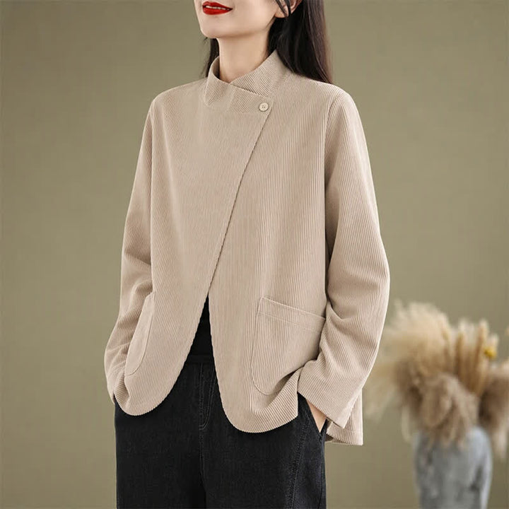 Buddha Stones Fall Winter Casual Mandarin Collar Asymmetric Front Solid Corduroy Women's Long Sleeve Shirts With Pockets - image 12
