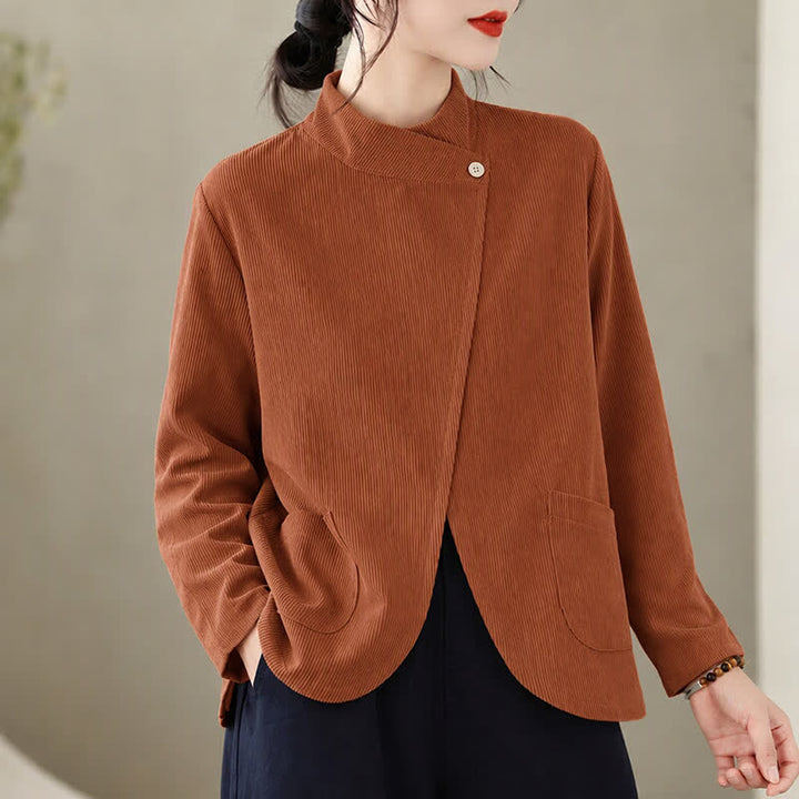 Buddha Stones Fall Winter Casual Mandarin Collar Asymmetric Front Solid Corduroy Women's Long Sleeve Shirts With Pockets - image 2