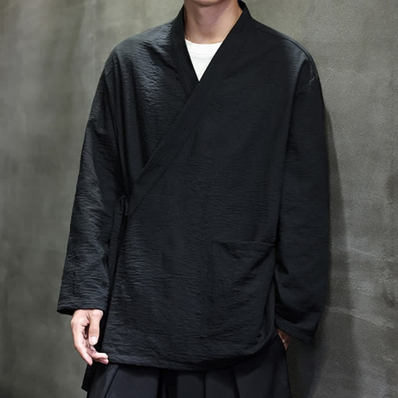 Buddha Stones Spring Tang Style Minimalist Drawstring Solid Men's Kimono With Pocket - image 19