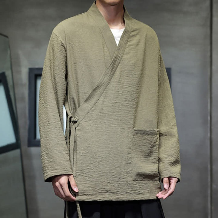 Buddha Stones Spring Tang Style Minimalist Drawstring Solid Men's Kimono With Pocket - image 1