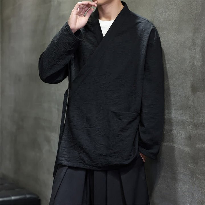 Buddha Stones Spring Tang Style Minimalist Drawstring Solid Men's Kimono With Pocket - image 22