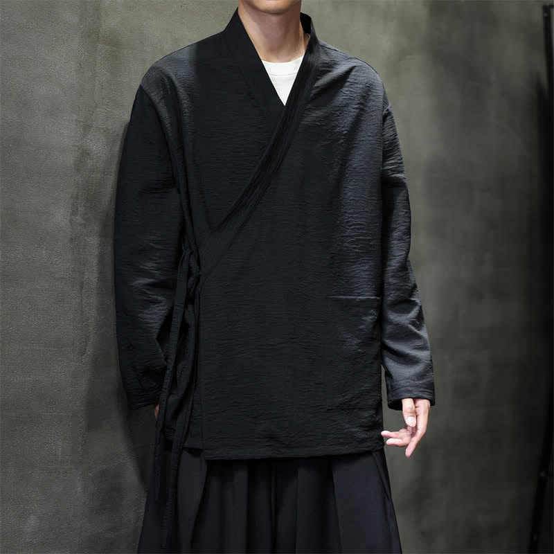 Buddha Stones Spring Tang Style Minimalist Drawstring Solid Men's Kimono With Pocket - image 17