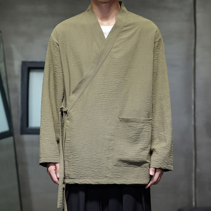 Buddha Stones Spring Tang Style Minimalist Drawstring Solid Men's Kimono With Pocket - image 2