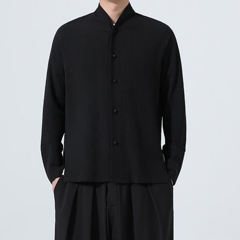 Buddha Stones Fall Classic Tang Style Button-Up Side Slit Solid Men's Long Sleeve Shirts - image 28