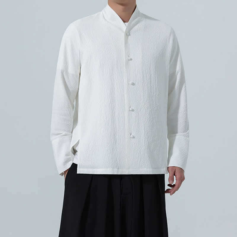 Buddha Stones Fall Classic Tang Style Button-Up Side Slit Solid Men's Long Sleeve Shirts - image 10