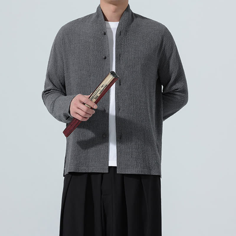 Buddha Stones Fall Classic Tang Style Button-Up Side Slit Solid Men's Long Sleeve Shirts - image 8