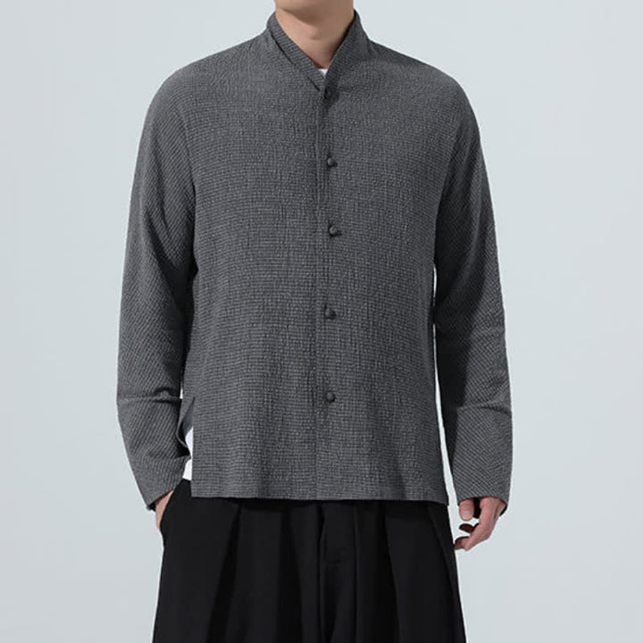 Buddha Stones Fall Classic Tang Style Button-Up Side Slit Solid Men's Long Sleeve Shirts - image 2