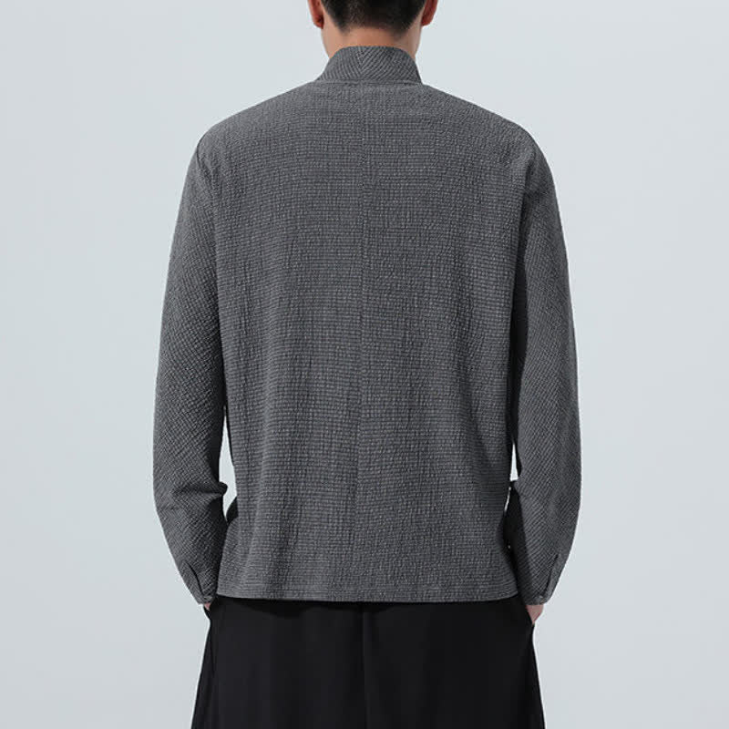 Buddha Stones Fall Classic Tang Style Button-Up Side Slit Solid Men's Long Sleeve Shirts - image 4