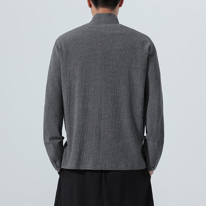 Buddha Stones Fall Classic Tang Style Button-Up Side Slit Solid Men's Long Sleeve Shirts - image 4