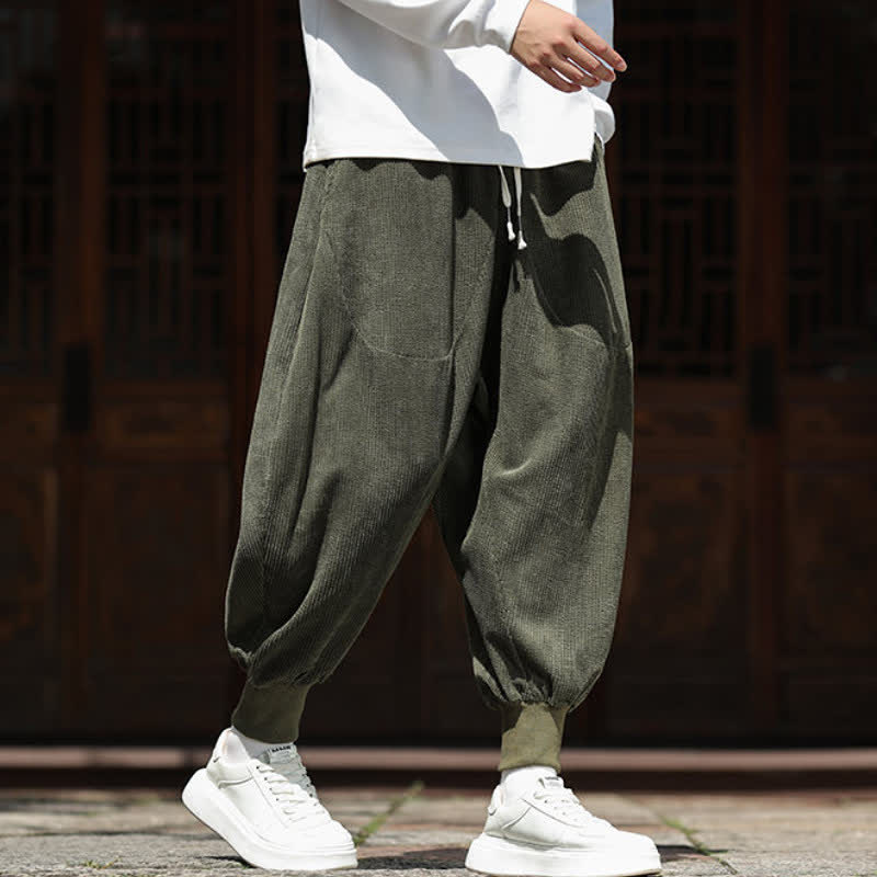 Buddha Stones Fall Winter Vintage Casual Solid Cropped Pants Corduroy Men's Harem Pants With Pockets - image 1