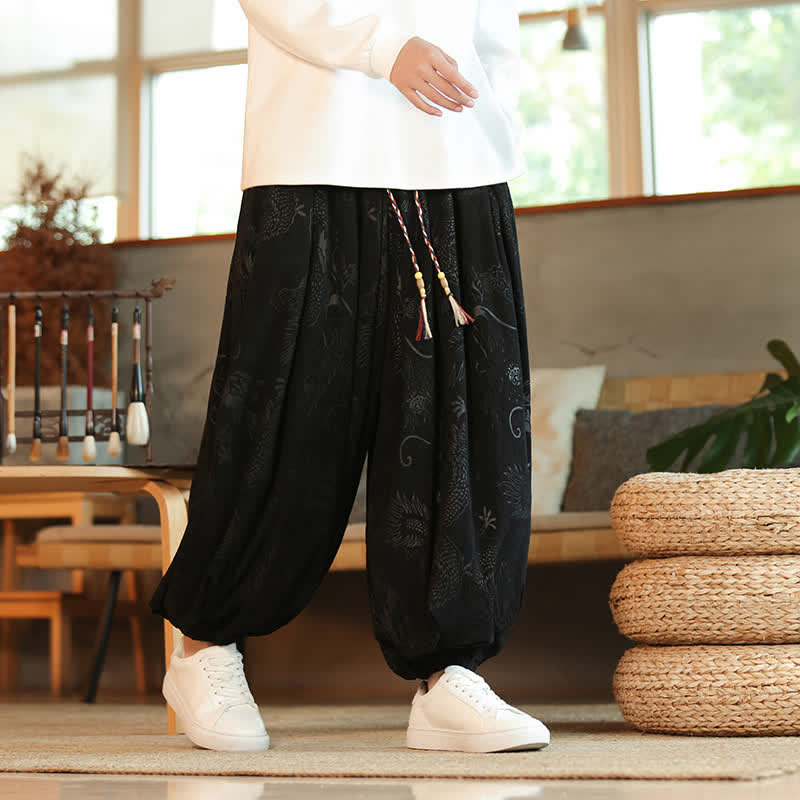Buddha Stones Spring Fall Retro Casual Drawstring Dragon Pattern Ankle Pants Corduroy Men's Harem Pants With Pockets - Black - US/UK/AU46，EU56 (5XL) - image 8