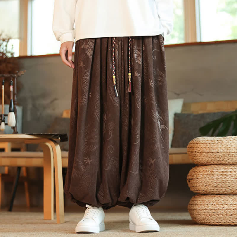 Buddha Stones Spring Fall Retro Casual Drawstring Dragon Pattern Ankle Pants Corduroy Men's Harem Pants With Pockets - image 1