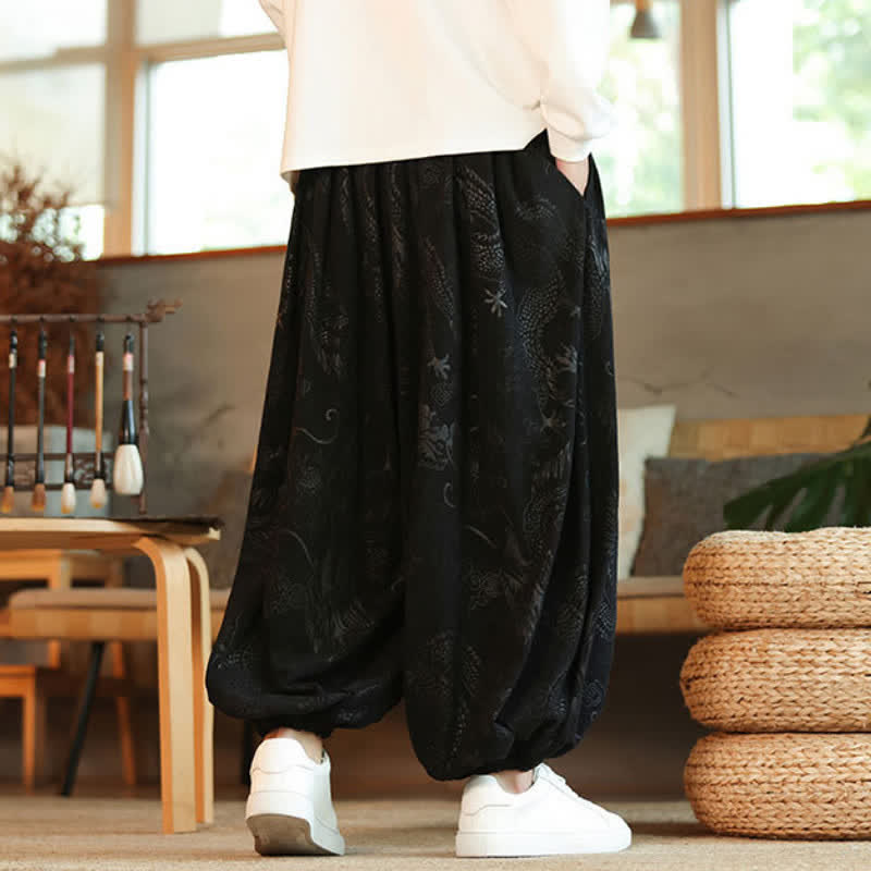 Buddha Stones Spring Fall Retro Casual Drawstring Dragon Pattern Ankle Pants Corduroy Men's Harem Pants With Pockets - image 11