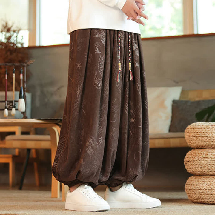 Buddha Stones Spring Fall Retro Casual Drawstring Dragon Pattern Ankle Pants Corduroy Men's Harem Pants With Pockets - image 2