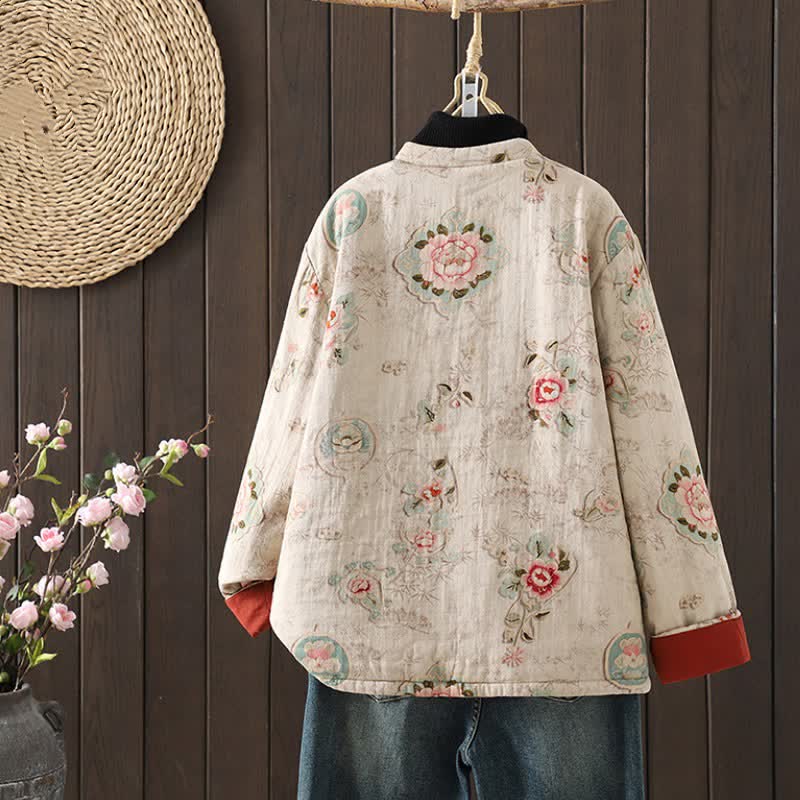 Buddha Stones Fall Winter Vintage Tang Style Frog Button Mandarin Collar Peony Floral Cotton Women's Jacket With Pockets - image 1