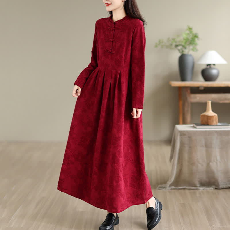 Buddha Stones Fall Winter Elegant Tang Style Frog Button Red Peony Pattern Cotton Linen Women's Long Sleeve Dress With Pocket - image 6