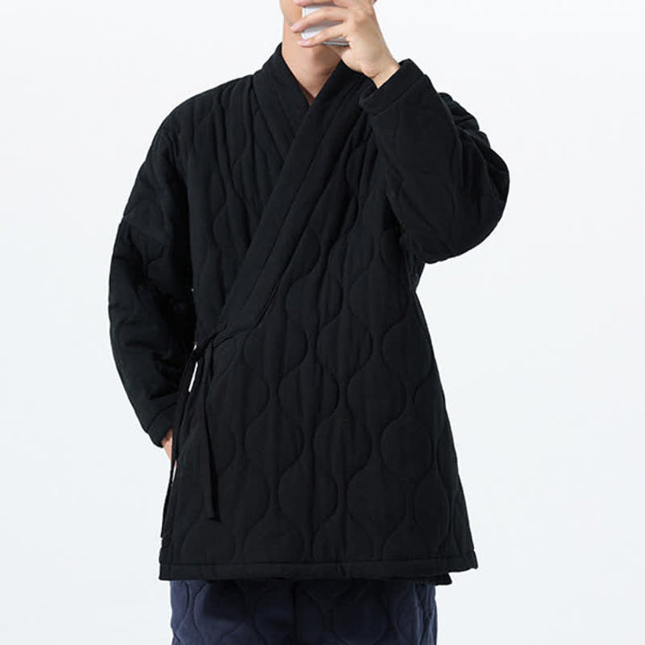 Buddha Stones Fall Winter Minimalist Tang Style Wrap-front Drawstring Thickened Padded Design Solid Men's Kimono With Pockets - image 25
