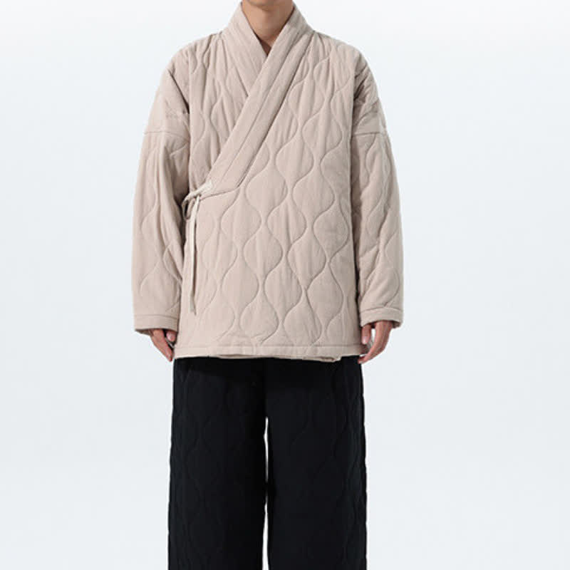 Buddha Stones Fall Winter Minimalist Tang Style Wrap-front Drawstring Thickened Padded Design Solid Men's Kimono With Pockets - image 36