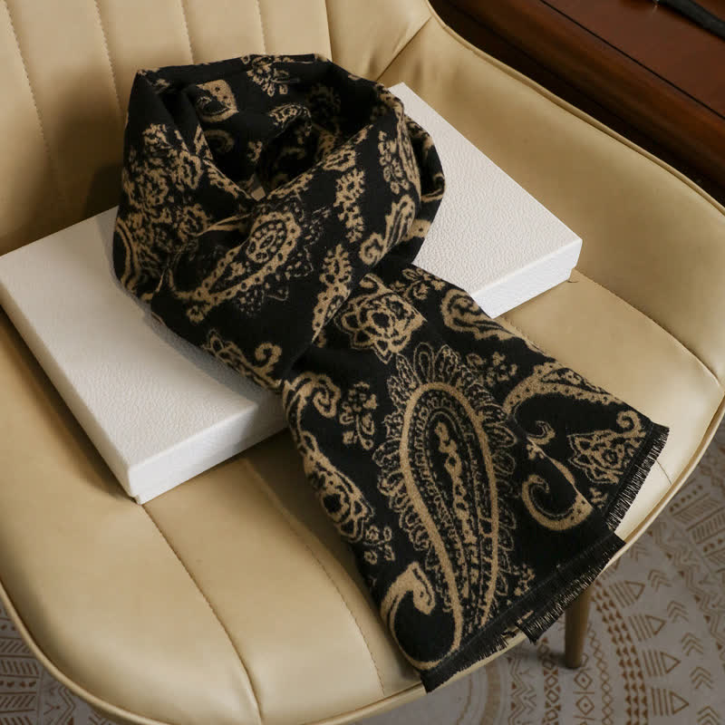 Buddha Stones Fall Winter Vintage Paisley Tassel Cozy Men's Scarf - Black Beige Approx. 180 × 30 cm - image 3
