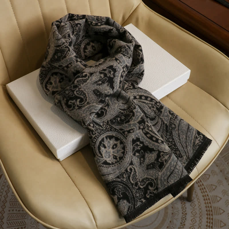 Buddha Stones Fall Winter Vintage Paisley Tassel Cozy Men's Scarf - Black Grey Approx. 180 × 30 cm - image 5