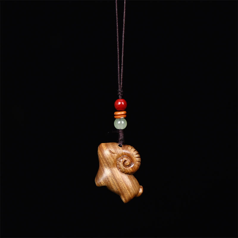 Buddha Stones Red Sandalwood Green Sandalwood Goat Luck Hand-Carved Fortune Keychains - Plain Rope - Green Sandalwood - image 3