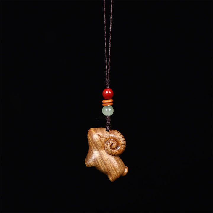Buddha Stones Red Sandalwood Green Sandalwood Goat Luck Hand-Carved Fortune Keychains - Plain Rope - Green Sandalwood - image 3