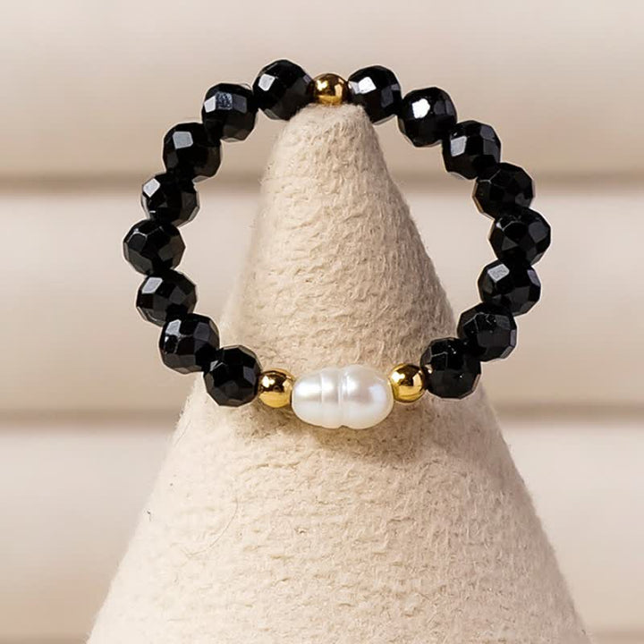 Buddha Stones Black Spinel Pearl Protection Faceted Stacking Ring - image 2