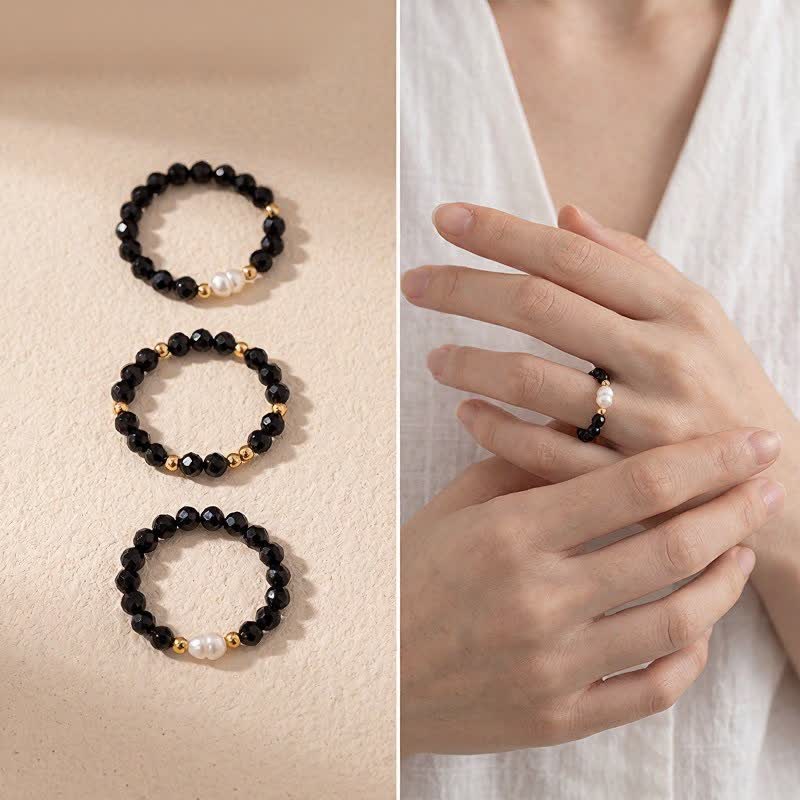 Buddha Stones Black Spinel Pearl Protection Faceted Stacking Ring - image 3