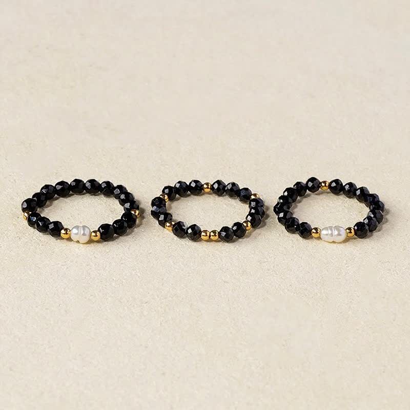 Buddha Stones Black Spinel Pearl Protection Faceted Stacking Ring - Black Spinel(Motivate ♥ Protection) - image 0